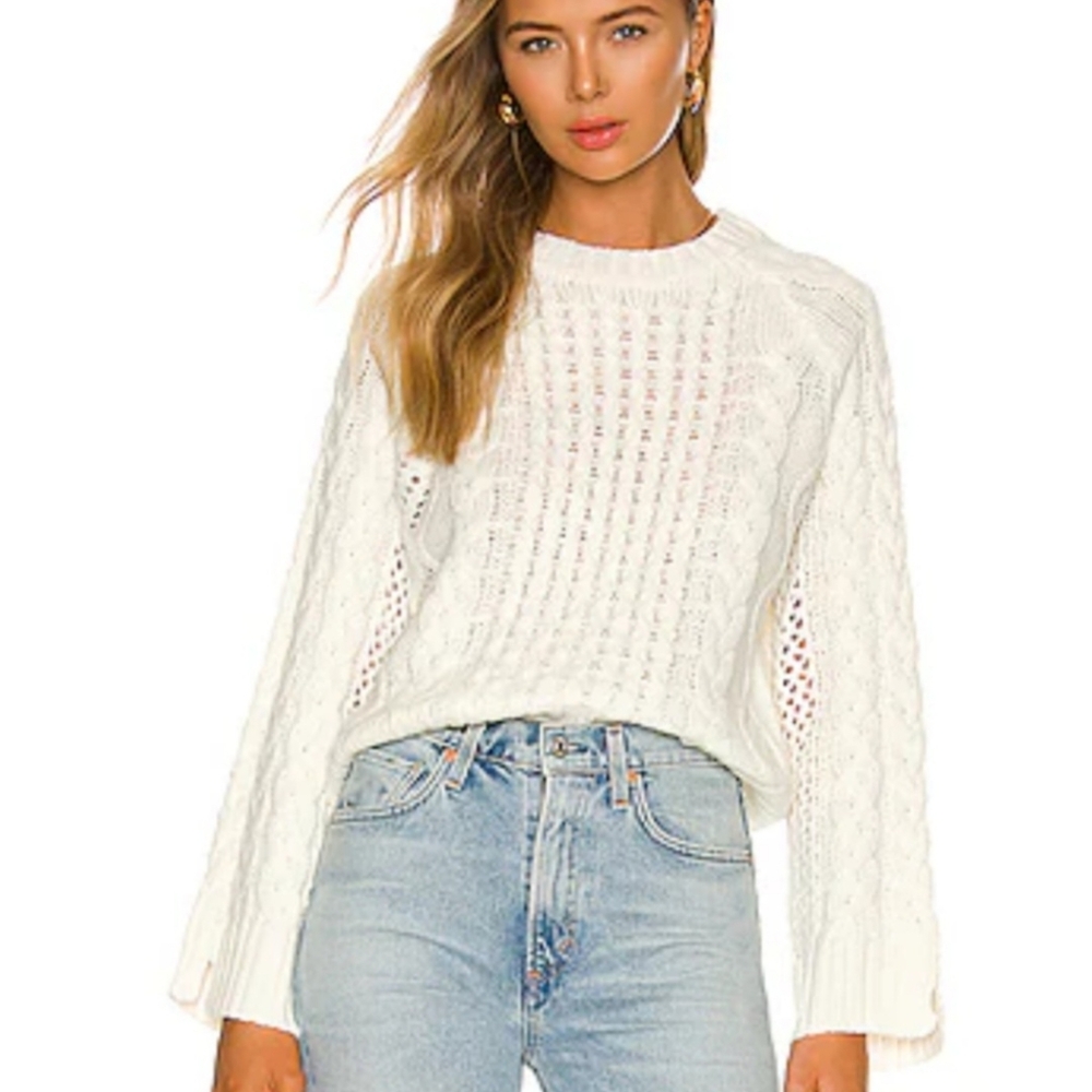 John + Jenn Ennis Cream Cable Knit Cottage Core Crew Neck Sweater